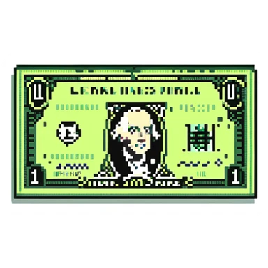A pixel art style image of a dollar bill, featuring a green and black pixelated design without a portrait, simple and retro design, no additional text or symbols. sticker