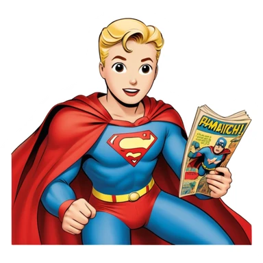 Icon for Vintage American Comics: an open comic book with classic 1940s-1950s American comic art, featuring superheroes in bold, bright colors, with action panels and exaggerated speech bubbles. The icon should represent the nostalgic style of vintage comics. Transparent background. sticker