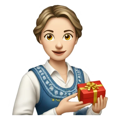 A female teacher in Ukrainian embroidery holds a gift in her hand sticker