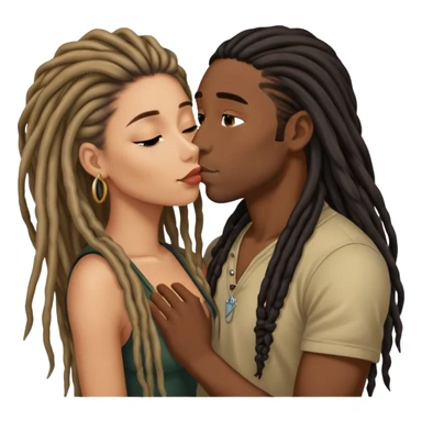 Latina Woman with long hair kissing a young black guy with dreads chin hair sticker