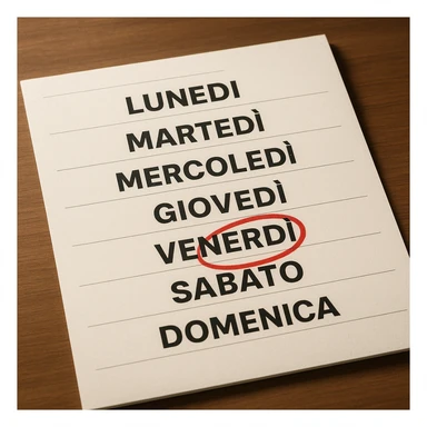 weekly calendar in Italian, days from Monday to Sunday, Friday circled in red, hyperrealistic style, 4K details, studio or office atmosphere sticker