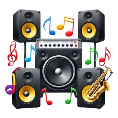 Icon for R&B Music Listening: large concert speakers and headphones with waves of musical notes coming out, along with drum kit, and synthesizer, saxophone and bass guitar. The icon should convey the energetic and rhythmic vibe of R&B music. Transparent background. sticker