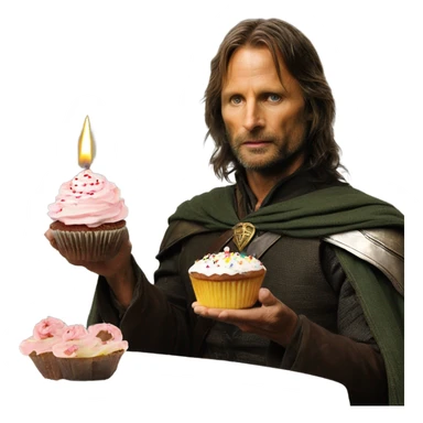 Viggo Mortenson as Aragorn holding a cupcake with a birthday candle in it sticker