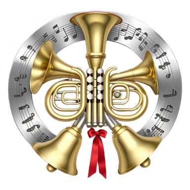 Create a festive and elegant emoji collage featuring a bouquet or fan of brass instrument bells (trumpets, saxophones, trombones, etc.) arranged in a radiant, symmetrical pattern. The instruments should have polished, golden and silver finishes, with their large, shiny bells forming a beautiful, fan-like display. Include a flowing ribbon of musical notes swirling through the center, conveying movement and melody. The background should feature a deep red velvet texture, adding a touch of luxury and sophistication. The overall composition should be balanced, with an elegant and regal feel, with a transparent background to keep focus on the instruments and musical elements. sticker
