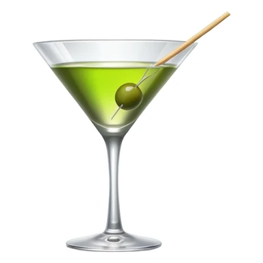 empty martini glass with just a hint of colorless liquid, showing mostly glass with very minimal liquid representation, single green olive on toothpick sticker