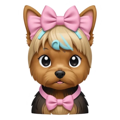 a Yorkshire Terrier face with a ponytail on head tied with a bow. Cute expression, flat design, pastel colors sticker