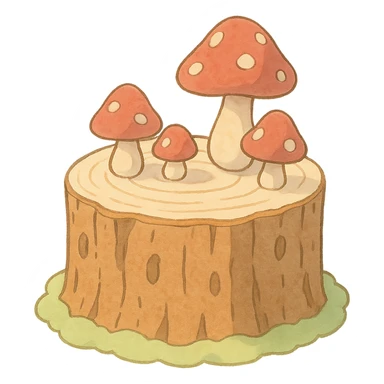 tree stump cake topped with mushrooms, forest dessert concept, soft pastel colors, ghibli style sticker