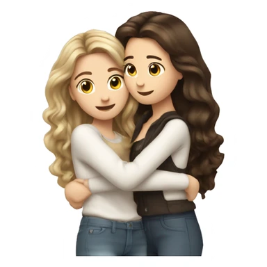 two Caucasian brunette pretty girls hugging with blown out hair sticker