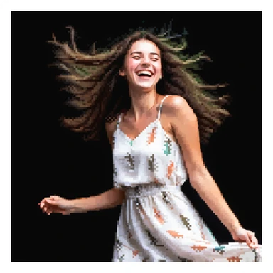 A brunette with straight hair laughs among friends at a picnic, wearing a light summer dress, her hair messy from the wind sticker