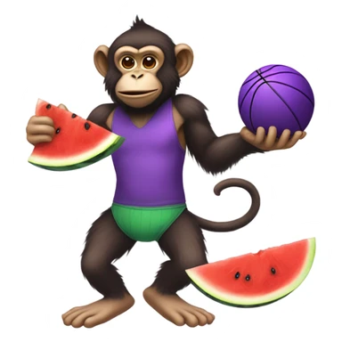Monkey eating watermelon and drinking purple juice while playing basketball sticker