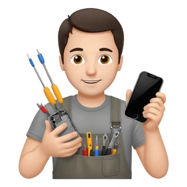 make a white guy with dark brown hair, with a simple white o grey shirt, repairing an iphone happy, tecnician with small tools for phone sticker