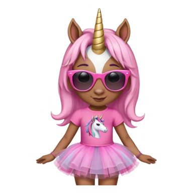 friendly anthropomorphised female unicorn with horse-like face, in tutu and pink t-shirt, wearing dark sunglasses, standard pose, close-crop head and shoulders portrait sticker
