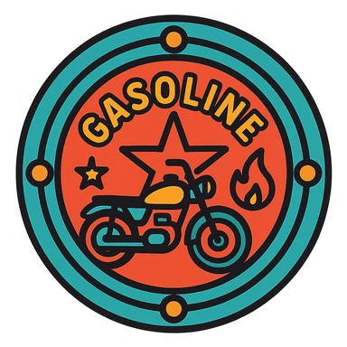 circular motorcycle gas cap design, transparent background, text 'GASOLINE', motif: star, motorcycle, flame, retro style sticker