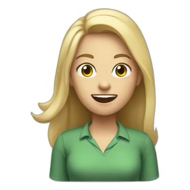 front view woman teacher long blonde hair dark eyes green shirt no glasses yelling sticker