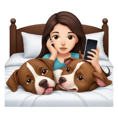 Girl long dark brown hair in layers cascading  down her face lays bed with her cell phone and her brown pit bull lays guarding her sticker