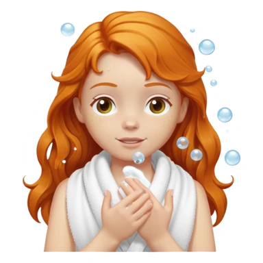 Ginger girl in towel shower washing long hair up in hands soapy bubbles sticker