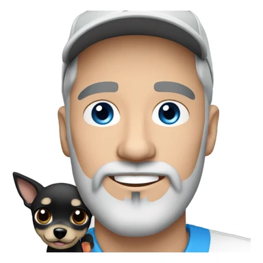 Handsome man with blue eyes wearing ball cap with grey hair and goatee beard holding all black long haired chihuahua sticker