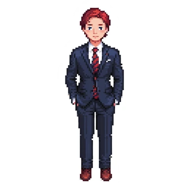 man wearing a dark blue-gray business suit with black horizontal stripes on the arms and legs, white shirt and red tie sticker