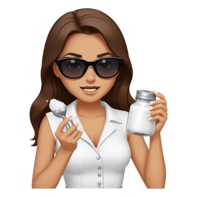 sassy woman with long brown hair and dark sunglasses holding a salt shaker filled with white table salt. She is shaking and sprinkling the salt. She is smirking.  sticker