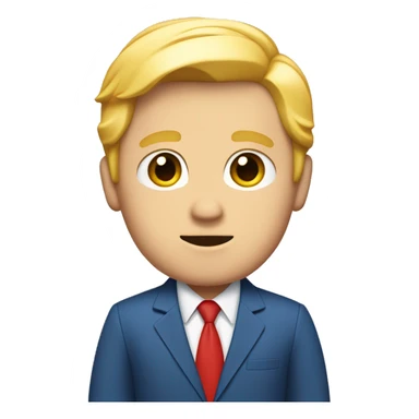 White guy with blond hair and orangish skin wearing a blue suit and red tie with one ear covered with paper  sticker