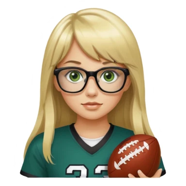 long blonde hair with bangs black rectangle glasses female green eyes football player wearing eagles jersey number 33 holding football sticker