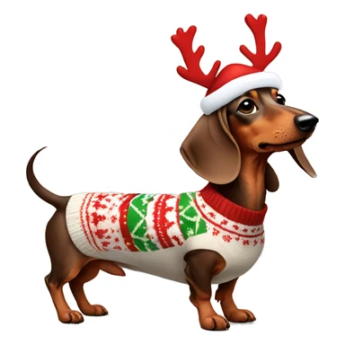 Dachshund wearing a Christmas sweater and reindeer antlers on his head sticker