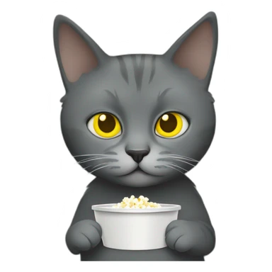 Grey Russian cat with honey yellow like eyes tucked with a dark wood like green Pendleton Navajo like blanket eating popcorn while watching a horror movie sticker