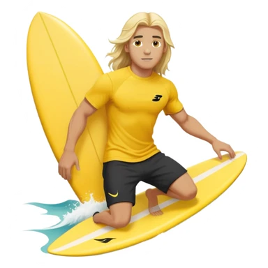 Man surfing on a yellow white board with long blond hair, yellow t-shirt with black Nike logo in center of chest, black baggy sweatpants. sticker
