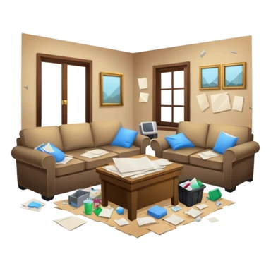 dirty living room with papers and trash sticker