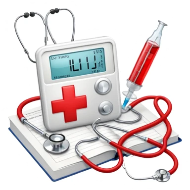 An icon featuring a red cross, a stethoscope, and a syringe, symbolizing medicine. The design includes a medical book, a heartbeat monitor, and a pill, representing the study and practice of healthcare, diagnostics, and treatment. Transparent background highlights the science of healing. sticker
