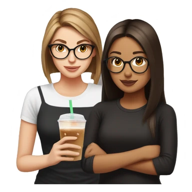 White girl with librarian glasses, a black shirt, long straight brown hair in a low ponytail drinking an iced coffee from dunkin sticker