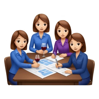 Make a photo of 5 project managers, specifically 3 girls with brown hair and 2 boys, that are making project for improvement of the winery sticker