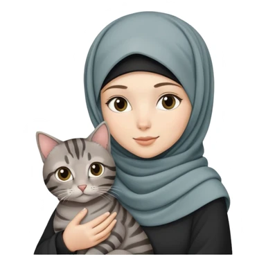White girl wearing hijab holding a black grey tabby cat sticker