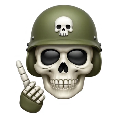 A bold emoji-style white skull wearing a realistic modern army helmet, making a shushing gesture (index finger bone held up to mouth area). Clean vector style,modern emoji aesthetic.The helmet has detailed realistic texture. No body, just the skull and helmet sticker