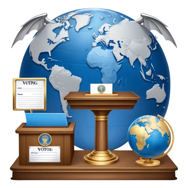 An icon featuring a podium with a speaker, a ballot box with a voting slip, and a globe, symbolizing political science. The design includes scales of justice and a world map in the background, representing governance and global politics. Transparent background highlights political analysis. sticker