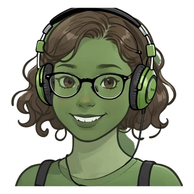 White girl wearing headphones with wavy brown hair and full and layers cut with full cheeks with beauty mark on the left cheek and braces and glasses  sticker