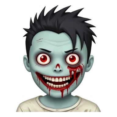 zombie boy with emo spiky hair, white skin, and white eyes; an open smile, and bloodied teeth; sticker
