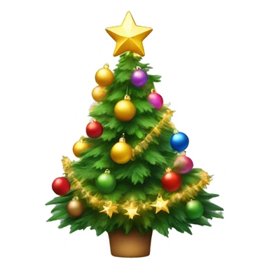 Christmas trees with bright decorations – colorful balls, a golden star on top and a garland emitting soft light. The Christmas tree should be lush and green, convey comfort and festive mood sticker