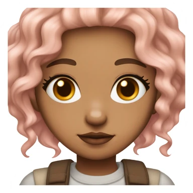 medium tan girl, pale pink and orange hair, wavy hair, brown eyes and long lashes, small plump lips with cherry tint, pink blush cute, brown eyeliner, mole in the cheek, lip piercing, cute grunge clothes sticker