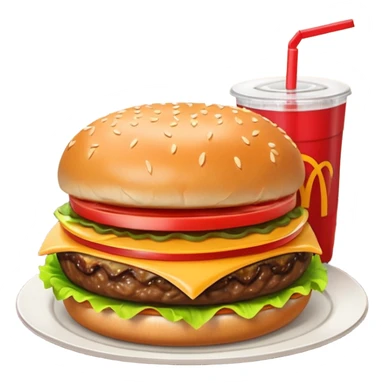 i want a Cheeseburger and Fries with a angle to 15–20° gentle bird’s-eye angle with a cold drink with ice cube with straw with some fries thicker like McDonald's french fries sticker