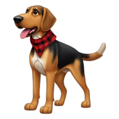 adult 75% Coonhound 25% German Shepherd mix dog with visible tail wearing small pointed red buffalo plaid bandana full body walking left quickly sticker
