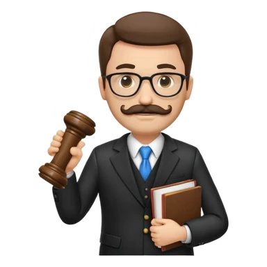 “Create a clean, modern emoji-style illustration of a male lawyer. He is wearing a formal suit jacket. He is holding a judge’s gavel in one hand and has a law book tucked under his arm. He has a mustache and beard!, and he is wearing glasses. sticker