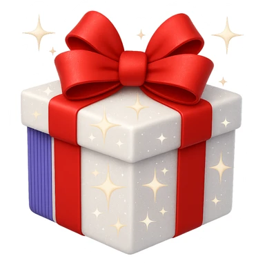 Add sparkles to the white present with bow. Keep the background transparent. The style is a white present with a bow and a transparent background. sticker