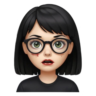 A zombie girl in Apple Memoji format with straight black hair with bangs, wearing a black shirt and black glasses sticker