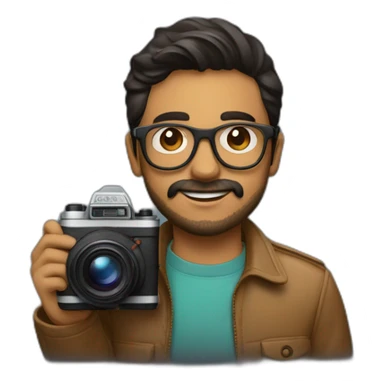 Young Latino film director, small beard and glasses is holding a super 8mm film camera sticker