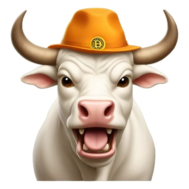 Bull ready to charge wearing bitcoin hat sticker