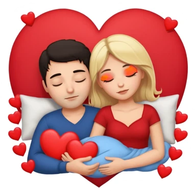 Sleeping couple. two people. man has dark hair. woman is blonde. hearts surrounding them. sticker