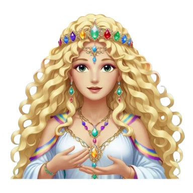 a being made of light pleidian nordic long faces and curly huge thick blond hair but beautiful features of light wearing jewels and a rainbow halo like a saint arount her a robe on made of light and gem  transparent belly dancer and who is lanky holding a bouquet of crystal flowers on rainbow fire sticker
