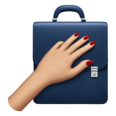 female hand with red manicure holding a dark blue business briefcase sticker