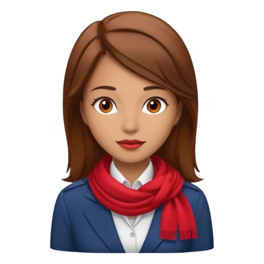 Female flight attendant, with red scarf, white shirt, brown hair, brown eyes, iOS emoji-type face sticker